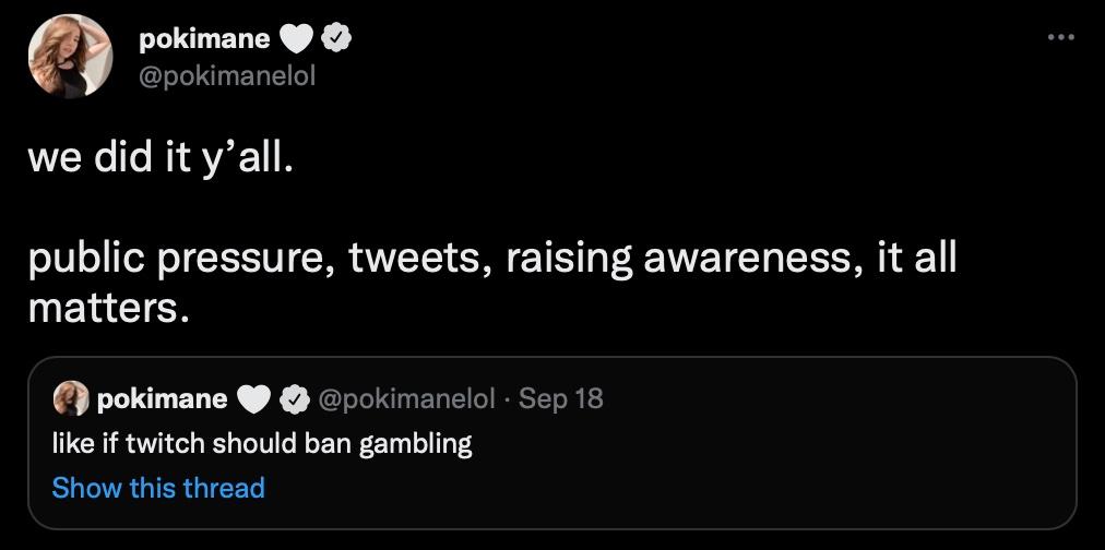 Tweet from @pokimanelol about Twitch banning gambling