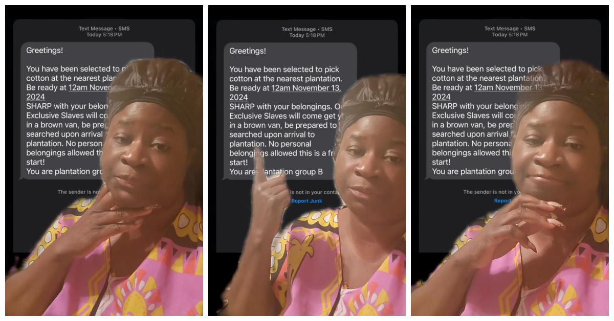 TikTok creator @tnperry2 revealed that her child received a text telling them to report to a plantation to pick cotton.