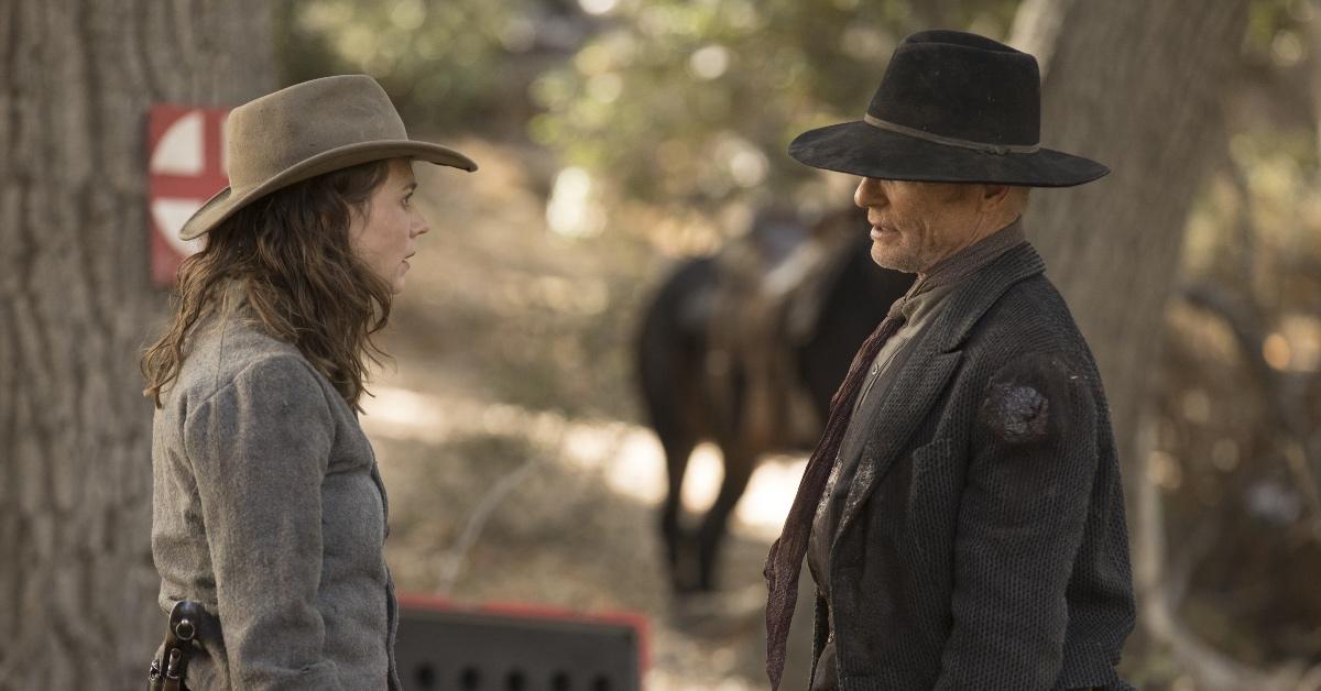 Ed Harris as William/The Man in Black with Katja Herbers as Emily Grace in 'Westworld.'
