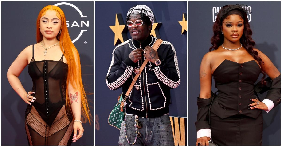 Ice Spice, Lil Uzi Vert, JT of the City Girls pose on the 2023 BET Awards Red Carpet.