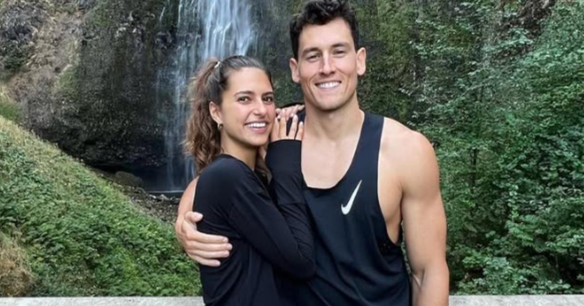 Renee Noe and her husband Connor by a waterfall.