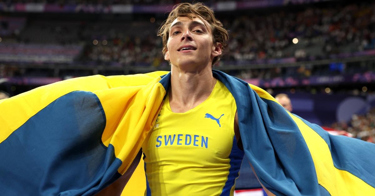 Gold medalist Armand Duplantis of Sweden celebrates after setting a new world record