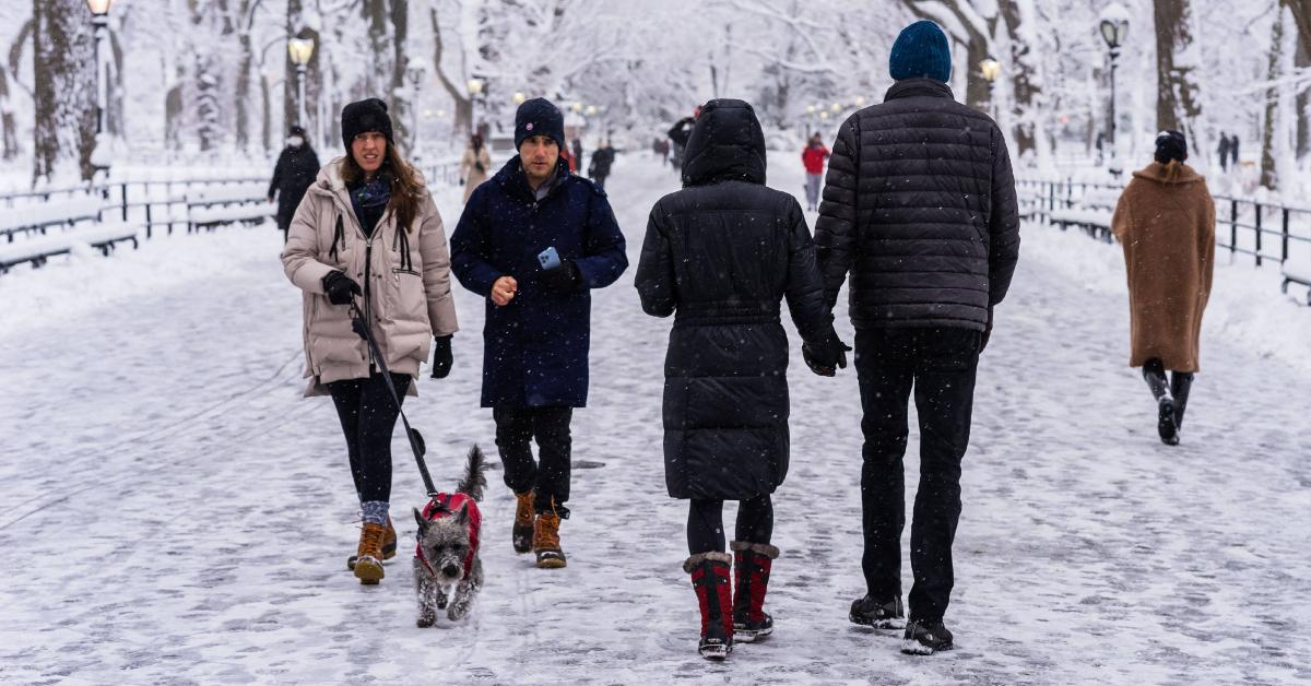 A couple and their dog, as well as another couple are photographed while walking in the snow in NYC in January 2022.