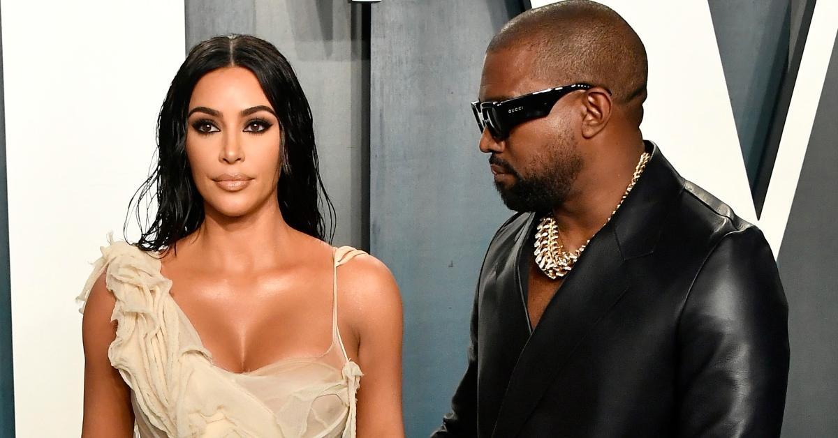 Kim Kardashian and Kanye West at the 2020 Vanity Fair Oscars party red carpet.