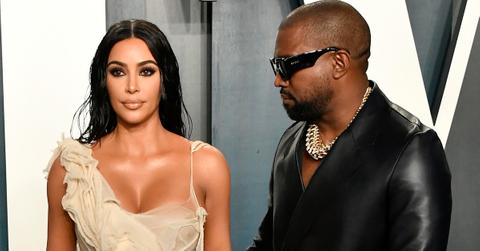 Kim Kardashian and Kanye West at the 2020 Vanity Fair Oscars party red carpet.