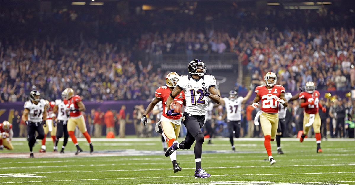 Jacoby Jones running for a touchdown during Super Bowl XLVII. 