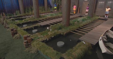 Jag Bains, Bowie Jane, Cirie Fields and Felicia Cannon in the Big Brother backyard during a Veto competition