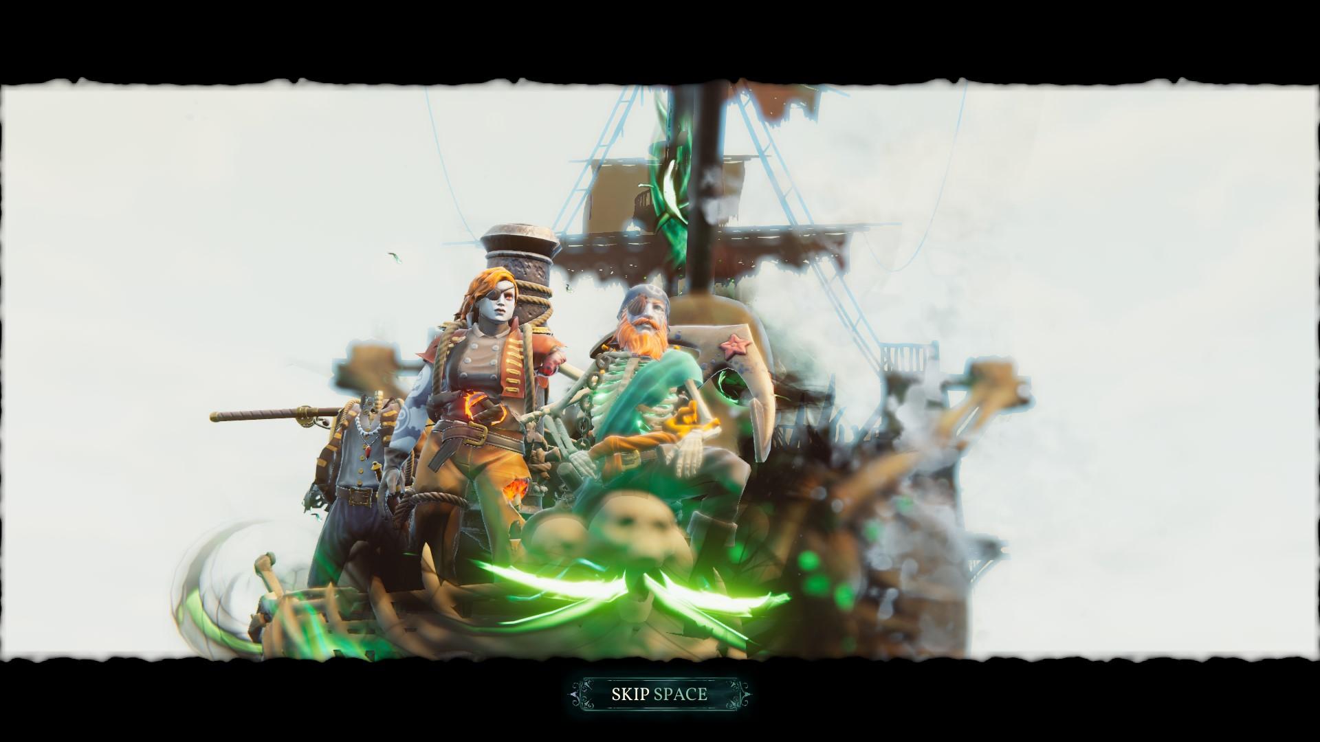 'Shadow Gambit: The Cursed Crew' Close-up of cursed pirates sailing to an island.