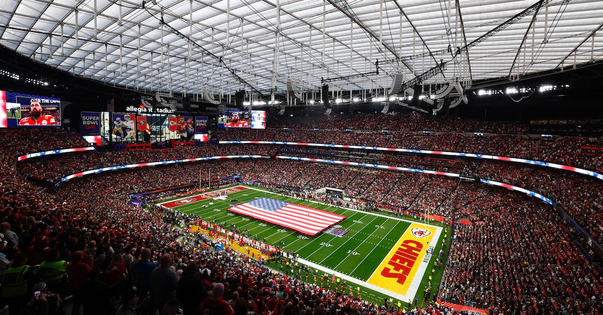 A general view of the stadium during the singing of the National Anthem during Super Bowl LVIII between the Kansas City Chiefs and the San Francisco 49ers on February 11, 2024, at Allegiant Stadium in Las Vegas