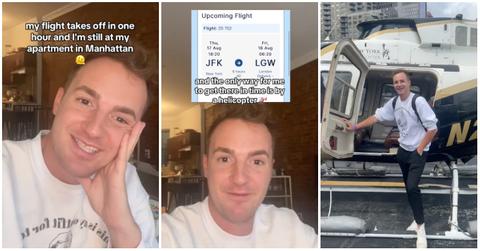 man takes helicopter to not miss flight