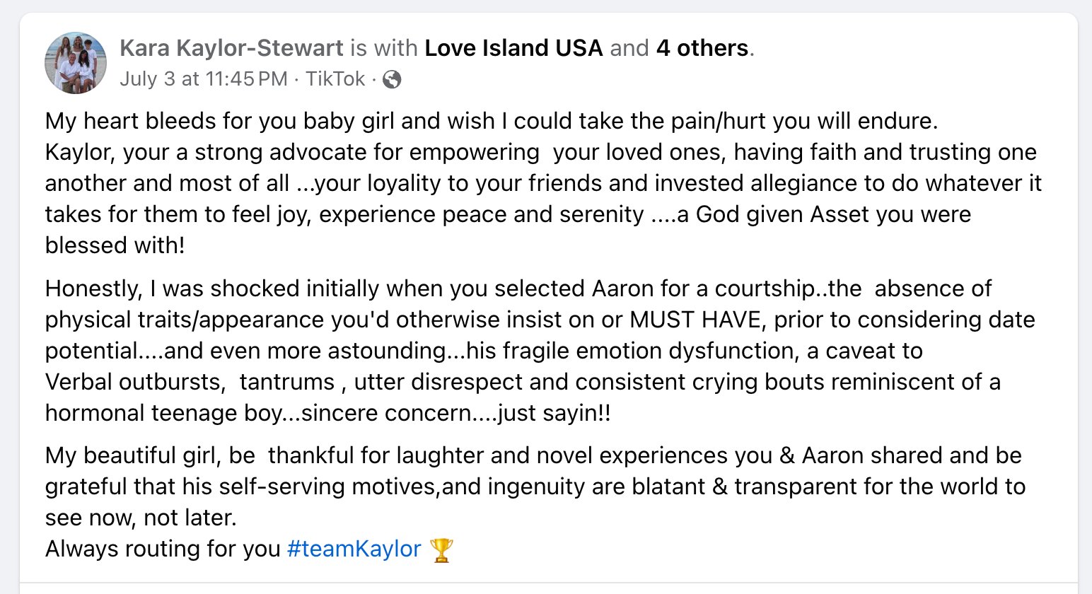 what did kaylor martin's mom say about aaron evans - love island usa