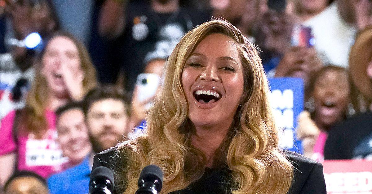 Beyoncé speaking at a Kamala Harris rally in 2024. 