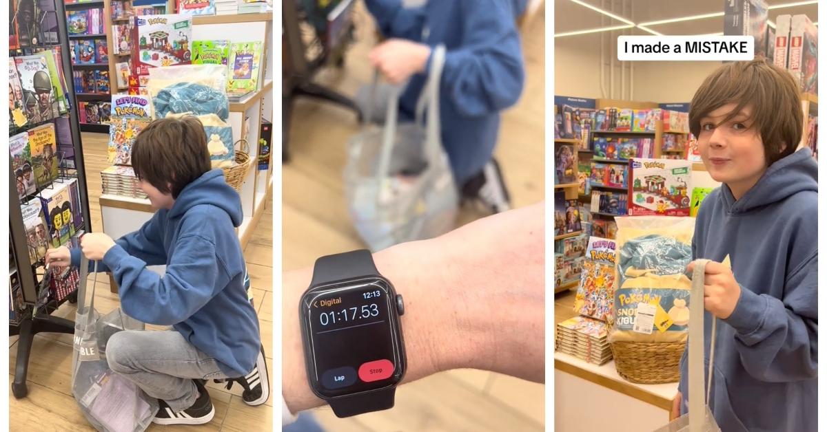 A mom gives her son two minutes to fit all the books he can carry into a bag at a bookstore