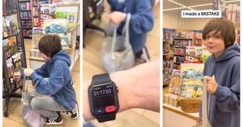 A mom gives her son two minutes to fit all the books he can carry into a bag at a bookstore
