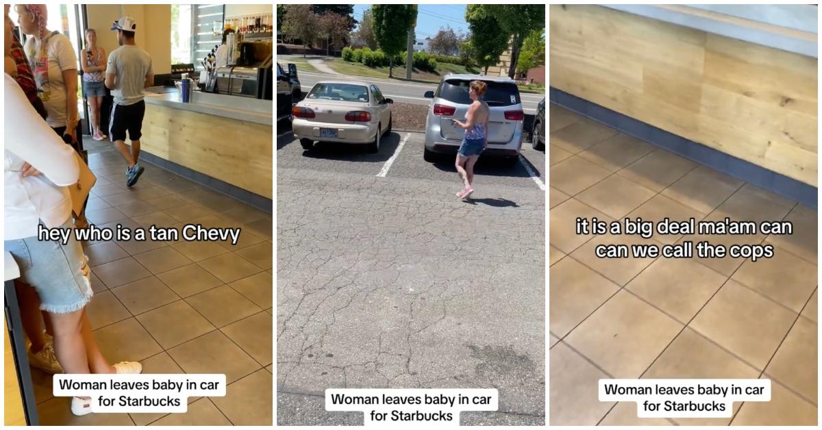 A woman confronts mom who leaves baby inside car to pickup Starbucks