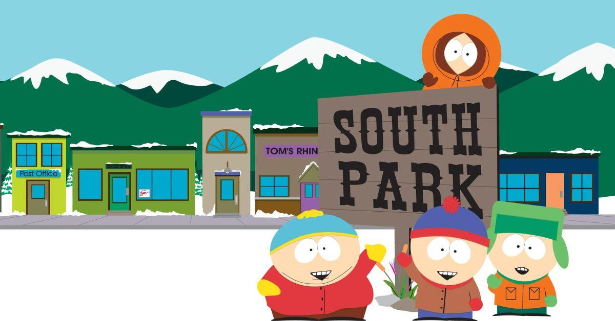 'South Park' characters stand in front of a sign labeling the town as South Park