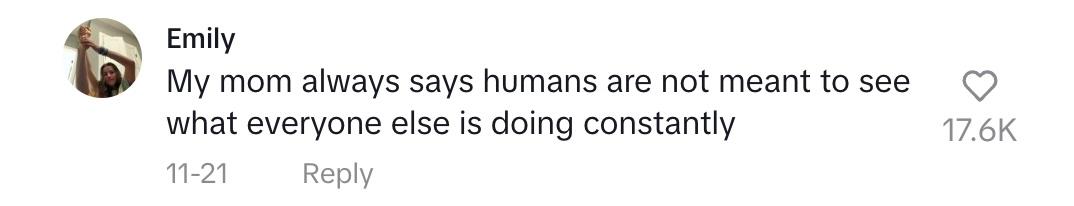 A commenter saying that humans aren't meant to see what everyone else is doing all of the time