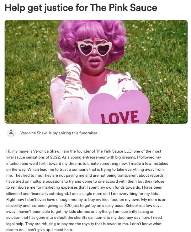 A screenshot of the Pink Sauce lady's gofundme page. 