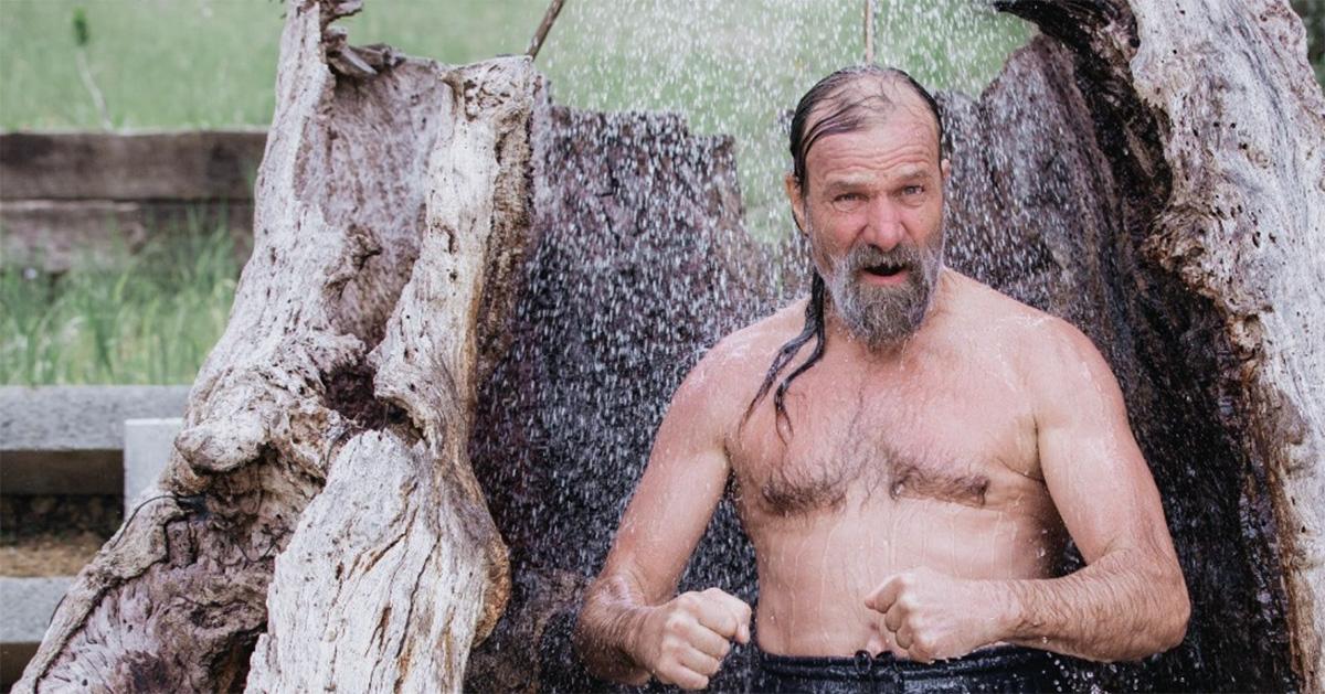 Wim Hof in an outdoor shower. 