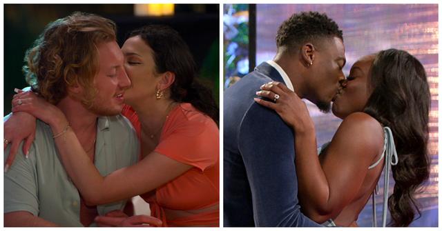 Amy kisses Johnny on the cheek, while AD and Clay share a kiss after getting engaged during Season 6 of 'Love Is Blind.'