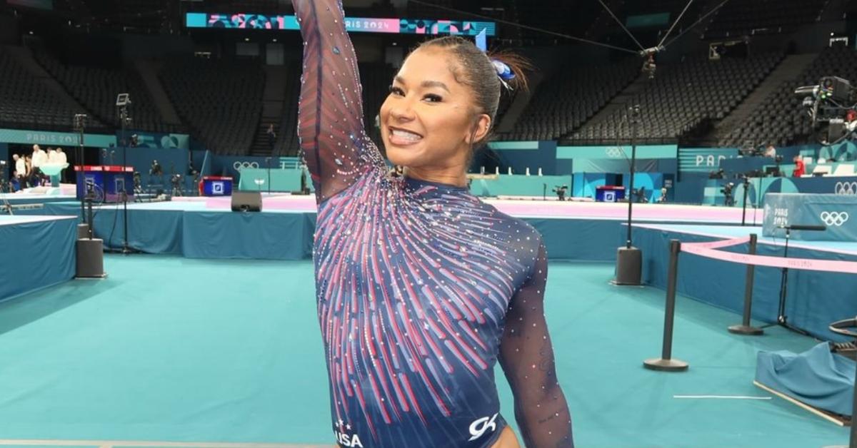 Jordan Chiles poses during podium training for the 2024 Summer Olympic Games in Paris