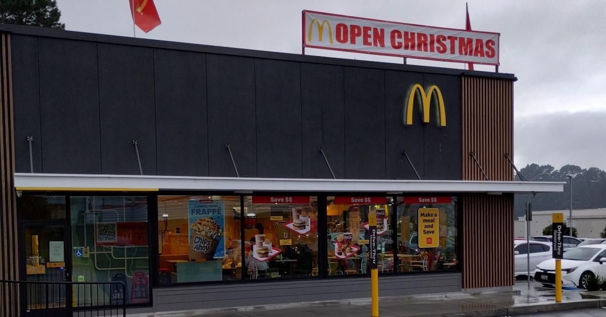 McDonald's with a sign that says 'open Christmas.'