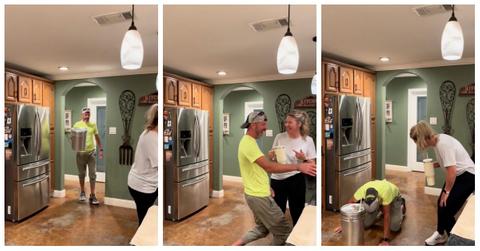 A husband mocks his wife's giant water bottle