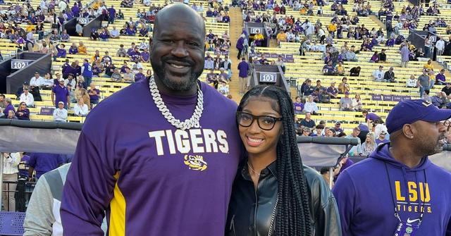 Shaquille O'Neal and Angel Reese at an LSU football game