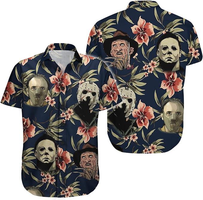 A hawaiian shirt with freddy, jason, and others on it.