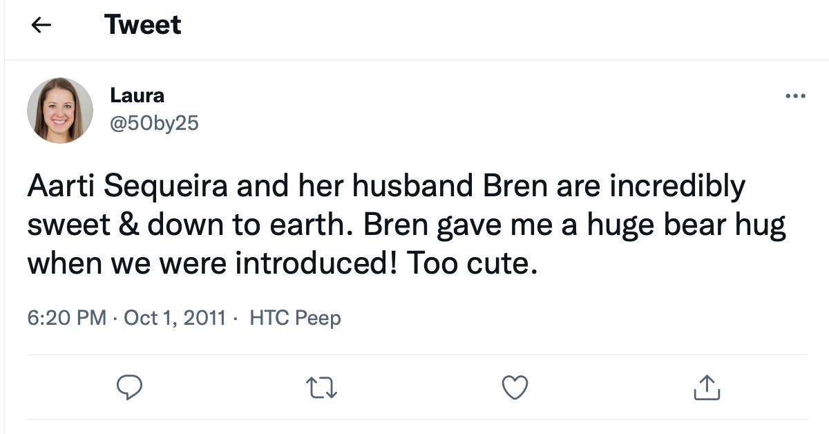 A tweet about Aarti Sequeira and her hubby, Brendan McNamara