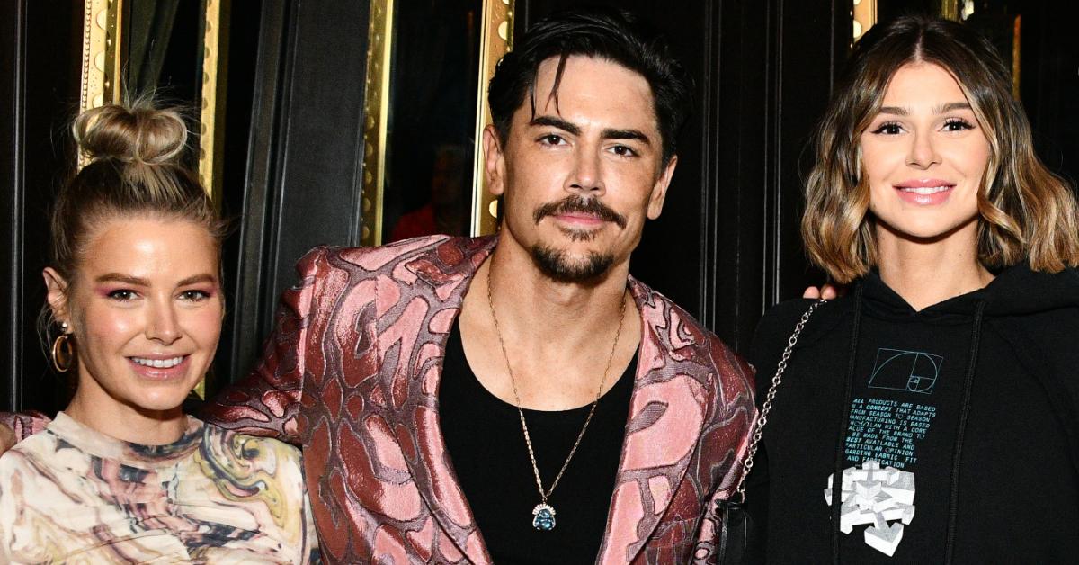 (L-R) Ariana Madix, Tom Sandoval, and Rachel "Raquel" Leviss pose at the Tom Sandoval & The Most Extras performance at Hotel Cafe on Nov. 14, 2021, in Los Angeles.