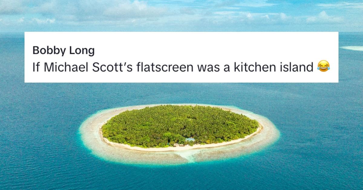 Screenshot comment from TikTok of smallest kitchen island ever over photo of a small island.