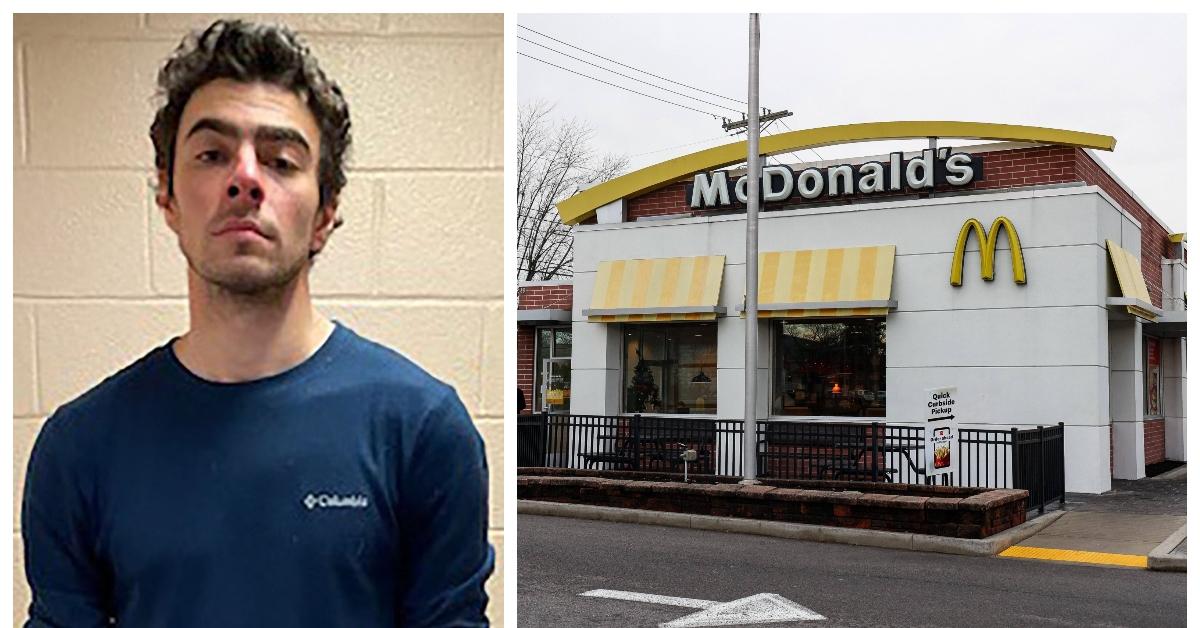 (L-R): Luigi Mangione booking photo; McDonald's where Luigi Mangione was caught