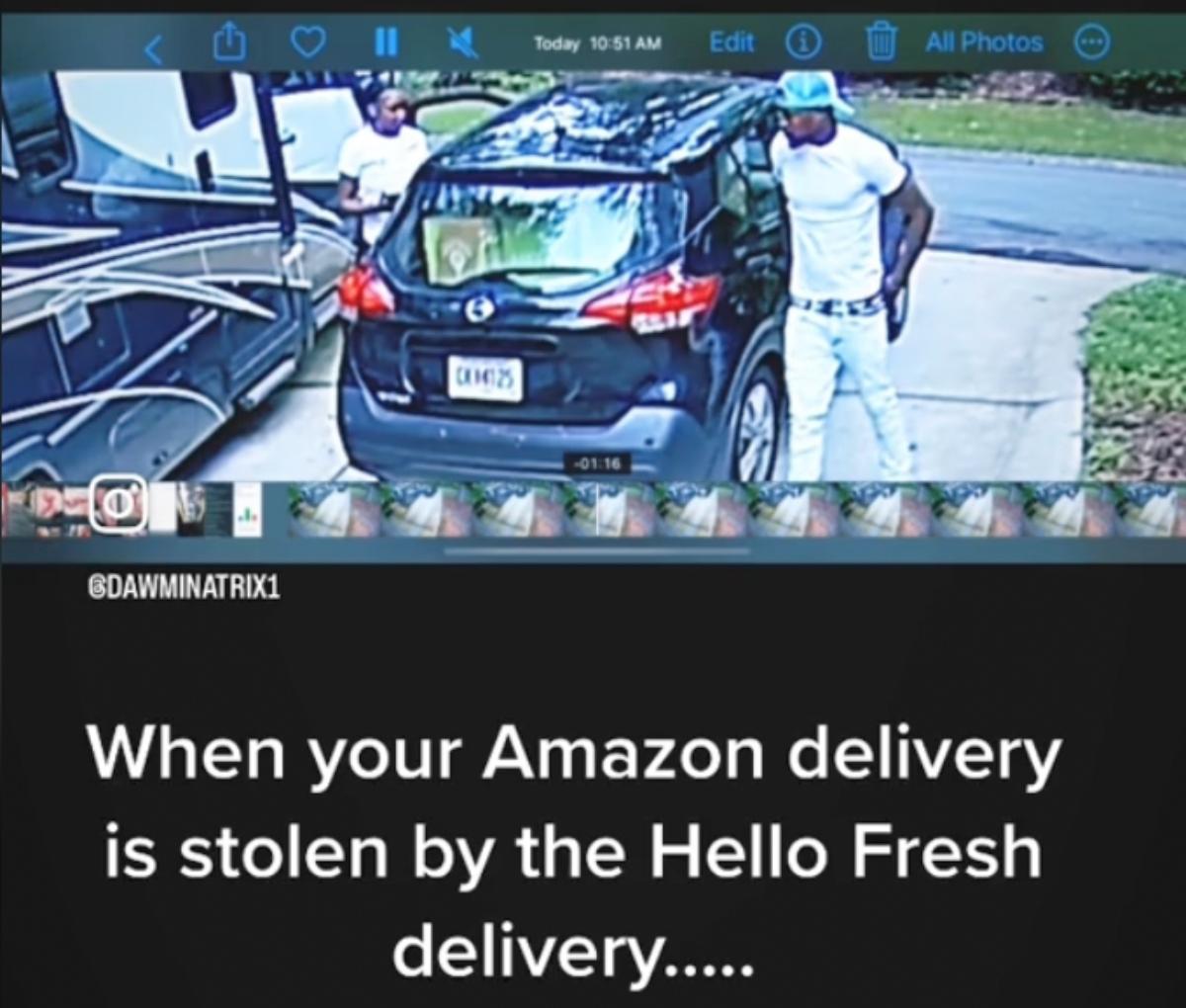 A screenshot of a person catching Hello Fresh deliver drivers stealing an Amazon package