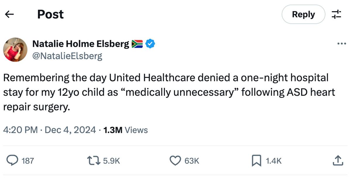 A tweet describing a situation where a 12-year-old was denied coverage for an overnight hospital stay after heart surgery by United Healthcare.