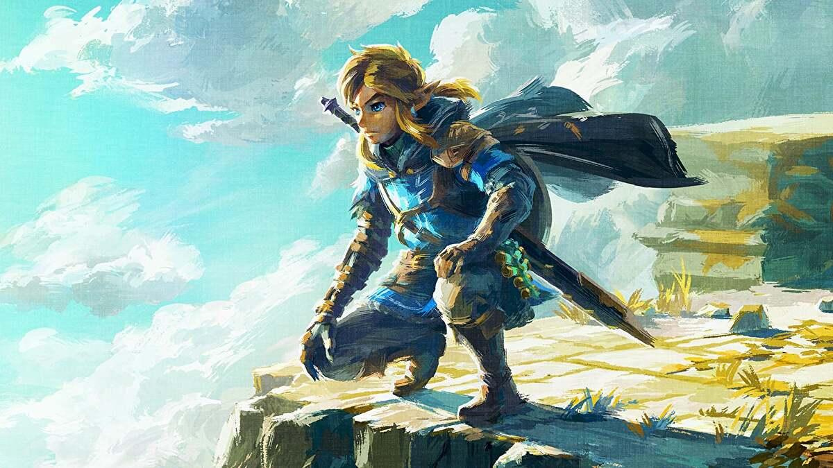 'Tears of the Kingdom' Link crouching near a ledge in promo art.