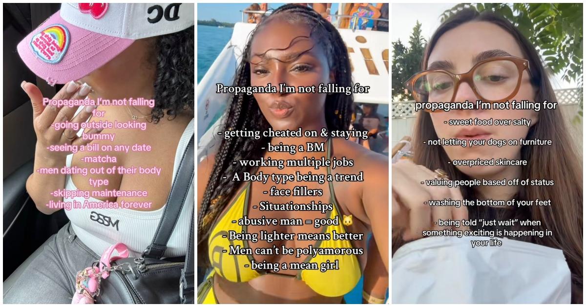 (l-r): Three TikTok content creators doing the "propaganda I'm not falling for" trend