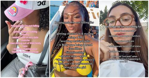 (l-r): Three TikTok content creators doing the "propaganda I'm not falling for" trend