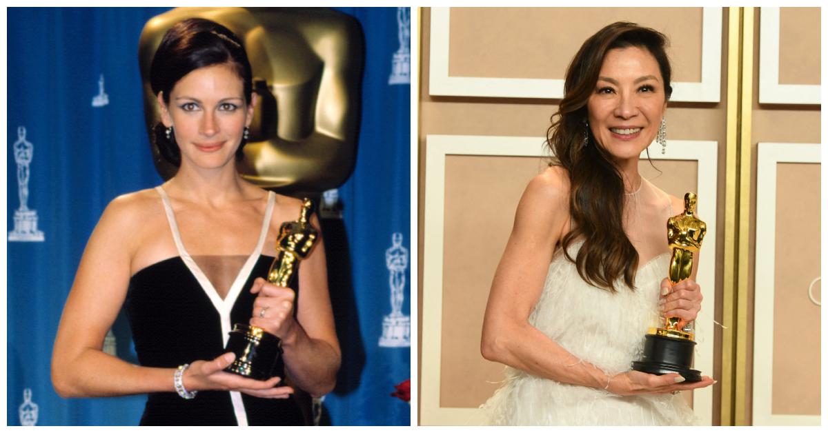 Julia Roberts and Michelle Yeoh pose with their Oscars.