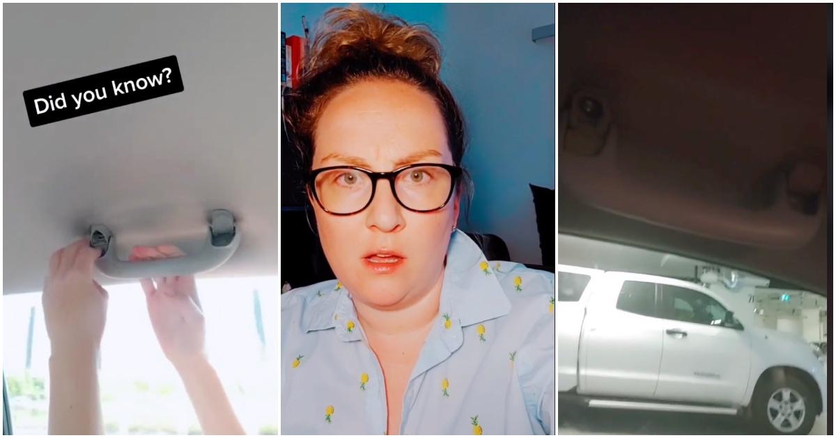 Viral video of woman discovering the car ceiling handle hack.