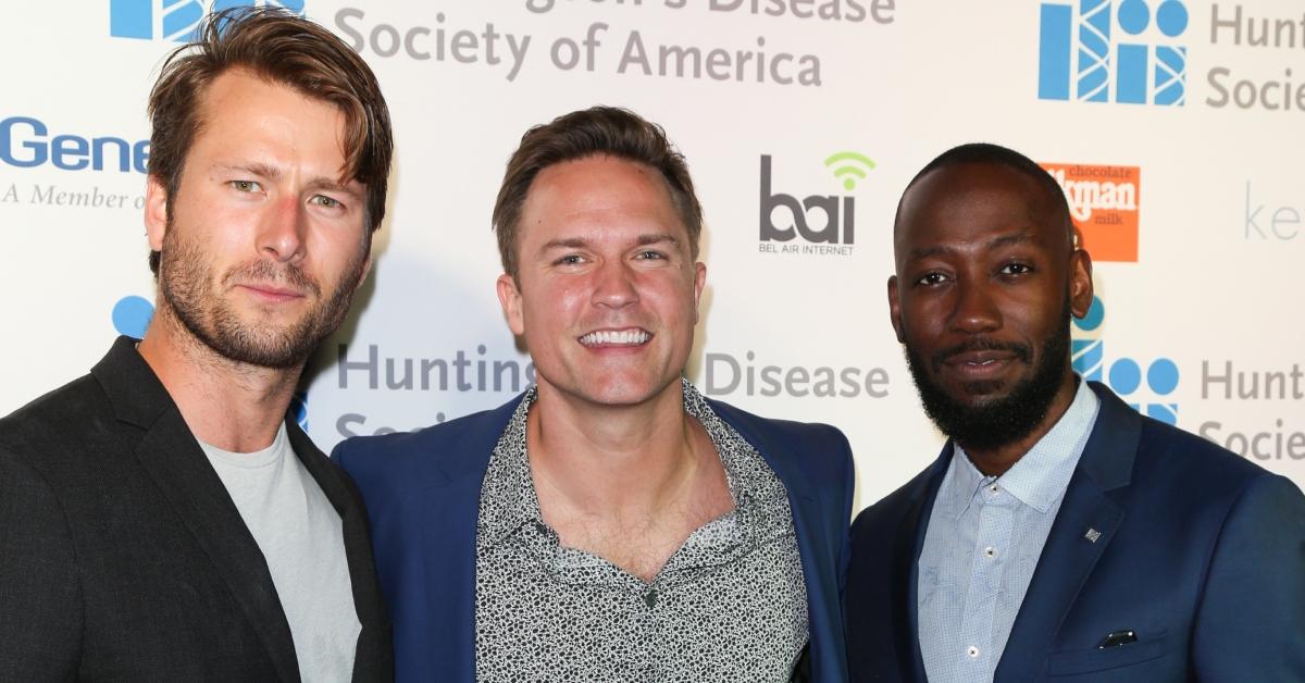 (l-r): Glen Powell, Scott Porter, and Lamorne Morris at an event in 2019.