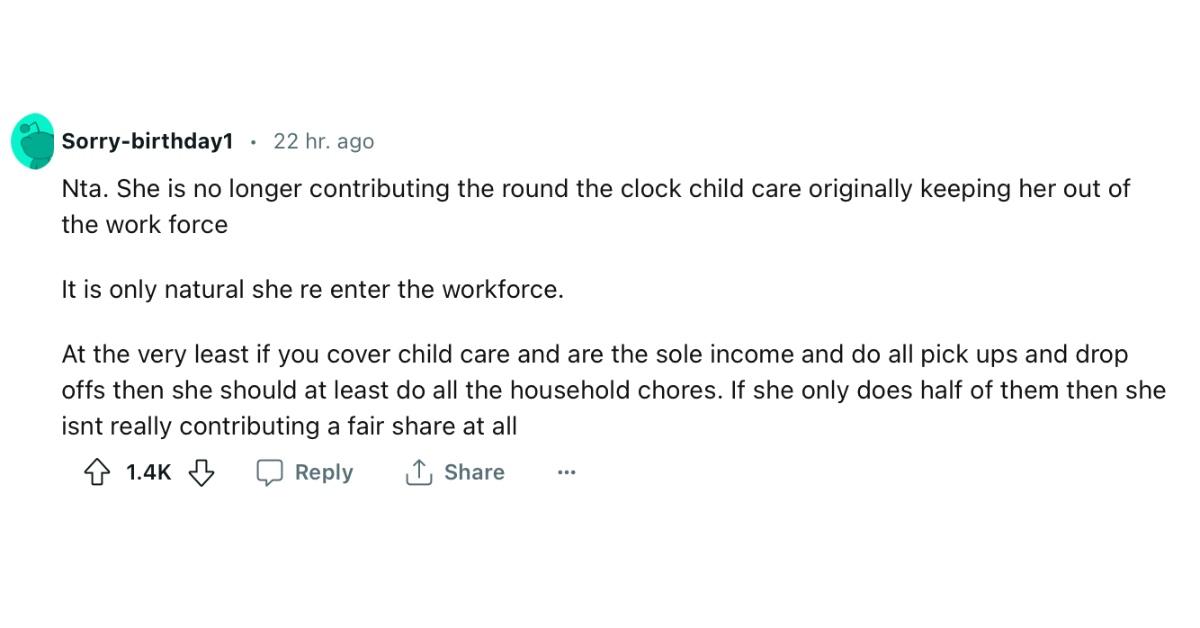 A commenter agreeing that the wife still only doing half of the chores isn't enough