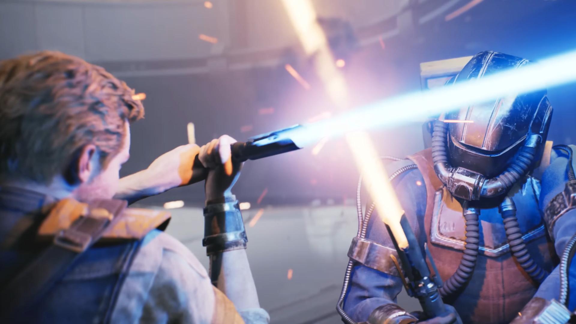 Star Wars Jedi: Survivor Cal Kestis in a lightsaber struggle with an enemy.