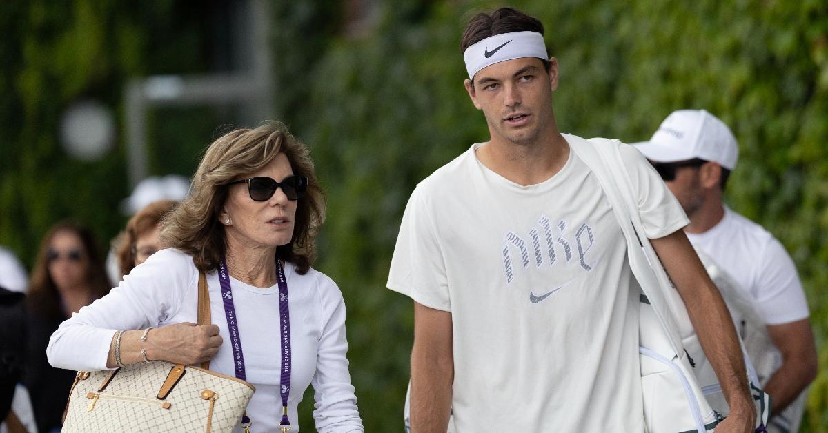 Taylor Fritz of the United States arrives for training with his mother Kathy May in preparation for the Wimbledon Lawn Tennis Championships at the All England Lawn Tennis and Croquet Club at Wimbledon on July 01, 2023, in London, England. (Photo by Tim Clayton/Corbis via Getty Images)