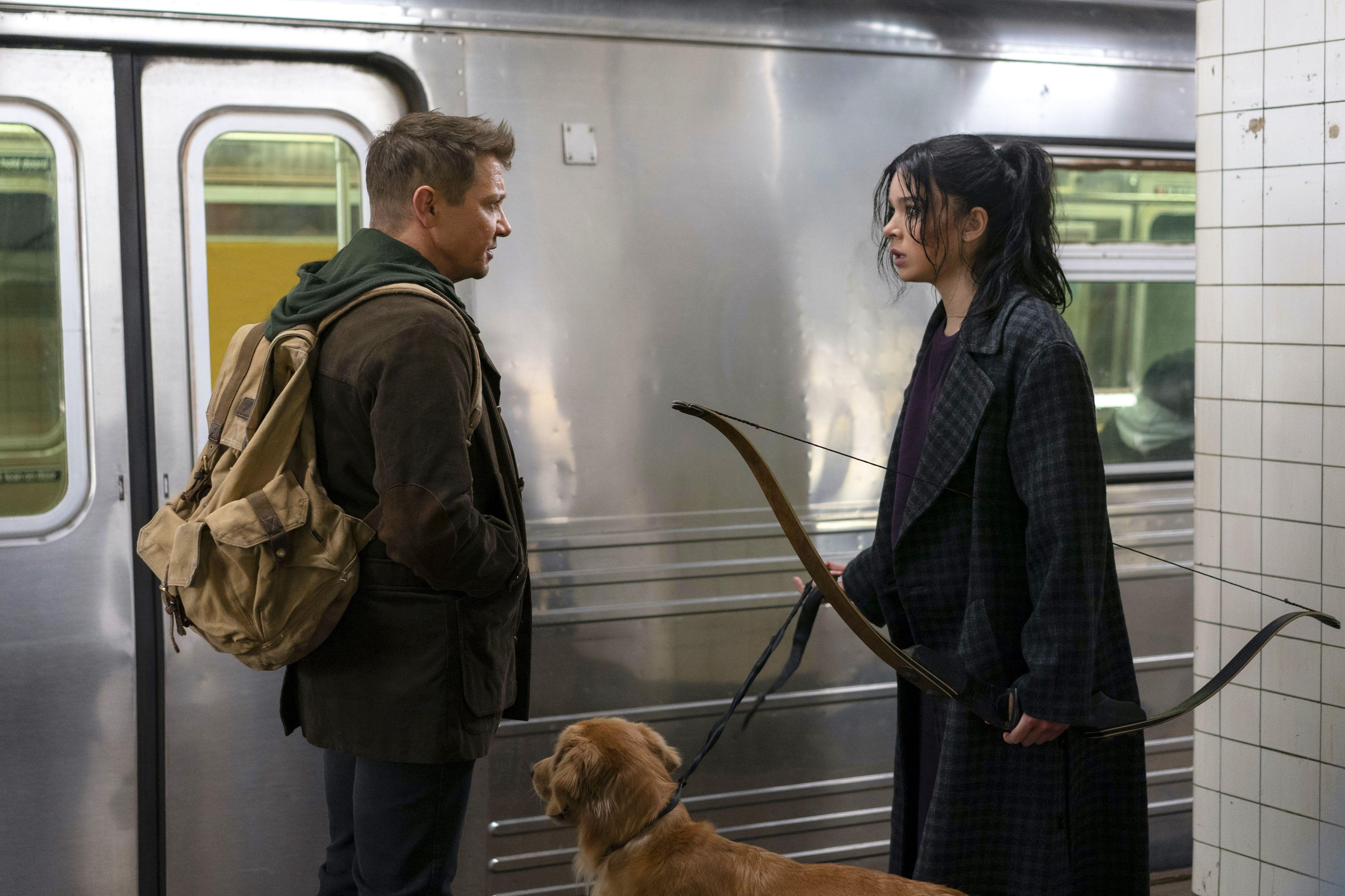 Clint Barton, Kate Bishop, and Lucky the Pizza Dog in 'Hawkeye'