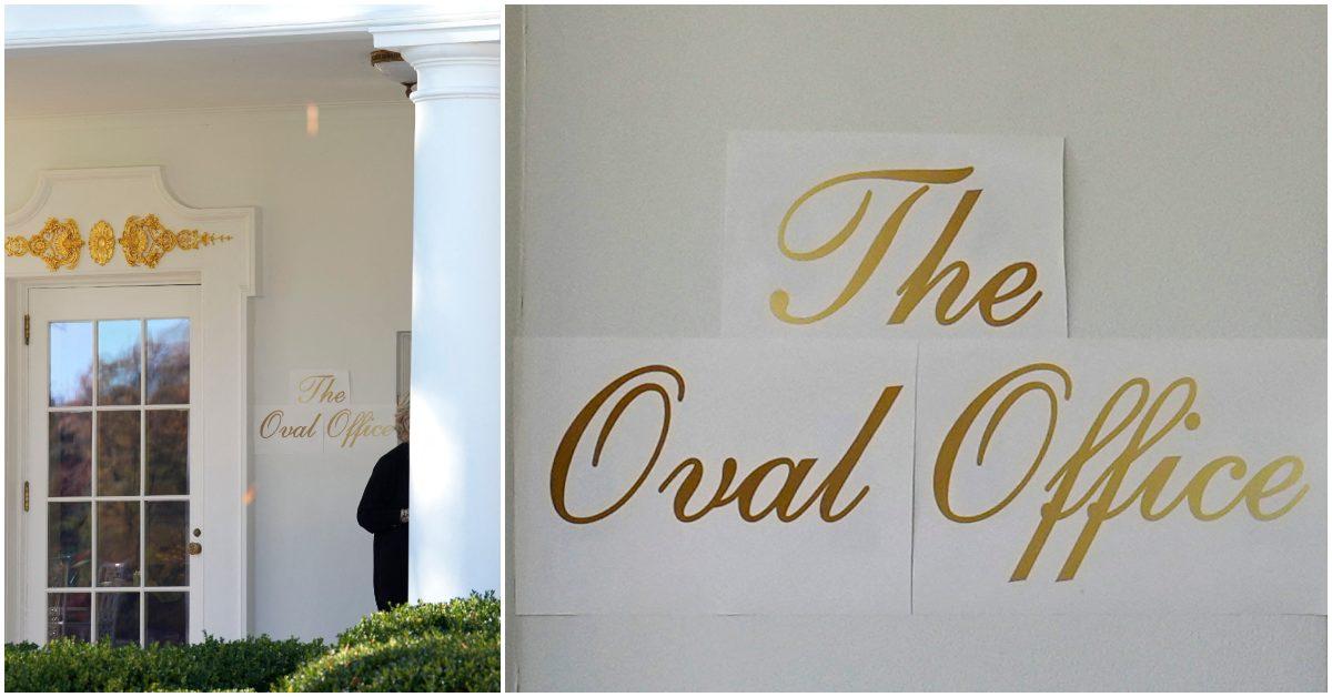 The new Oval Office sign in gold lettering.