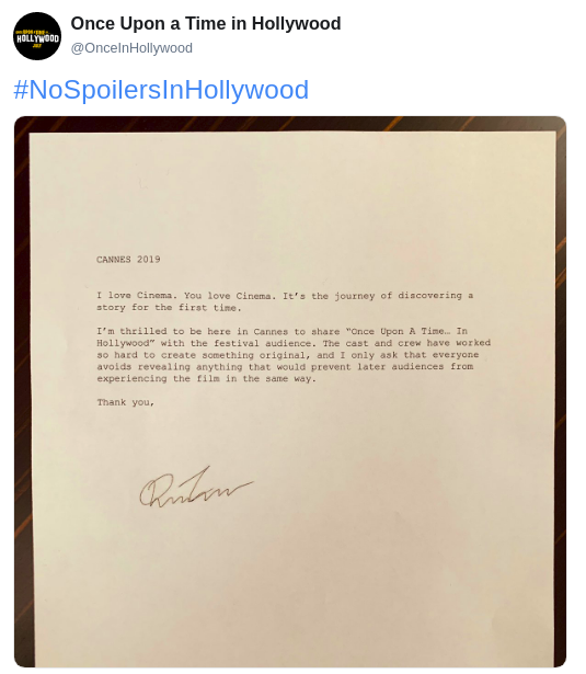 once upon a time in hollywood no spoilers tweet