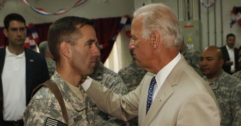 ForJoe Biden (R) talks with his son, U.S. Army Capt. Beau Biden (L) at Camp Victory on the outskirts of Baghdad
