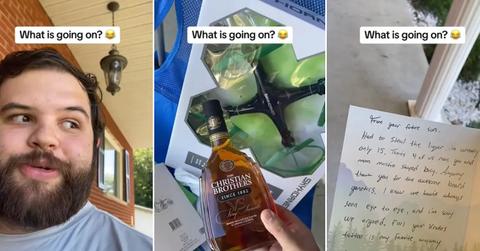 A man receives a birthday gift and card from his future son