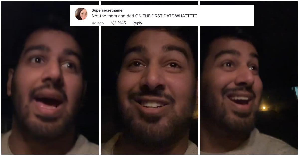 A man discussing a first date with a woman and her parents